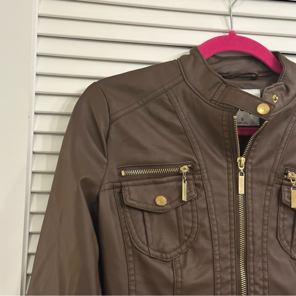 Faux Leather Fall Jacket, Brown - image 4